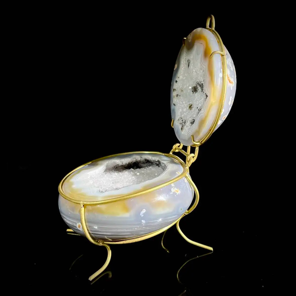 Natural Agate Geode Slice Pair on Metal Stand | Museum Grade Display Mineral Specimen | Decorative Home & Office Decor | 800 g | 16*9.5*9 cm