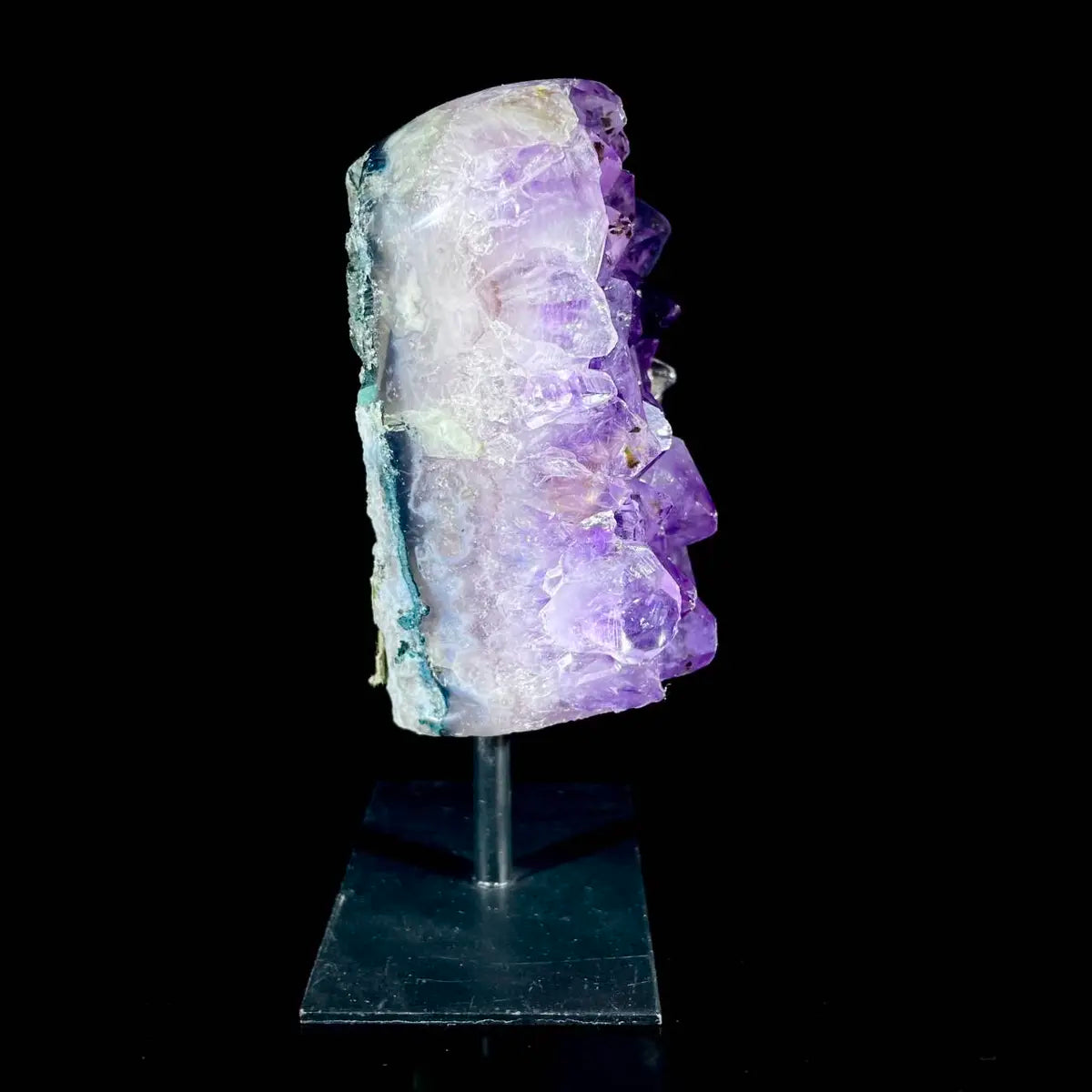Natural Amethyst Crystal Cluster on metal Stand | Museum Grade Display Mineral Specimen | Decorative Home & Office Stone Decor | 450 g | 13*5*5 cm