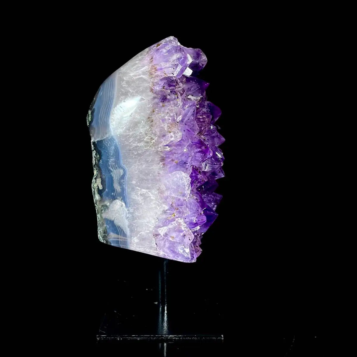 Natural Amethyst Crystal Cluster on metal Stand | Museum Grade Display Mineral Specimen | Decorative Home & Office Stone Decor | 920 g | 15.5*9*6 cm