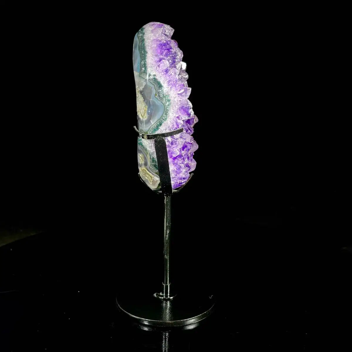 Natural Amethyst Crystal Cluster on metal Stand | Museum Grade Display Mineral Specimen | Decorative Home & Office Stone Decor | 770 g | 21*9*3.5 cm