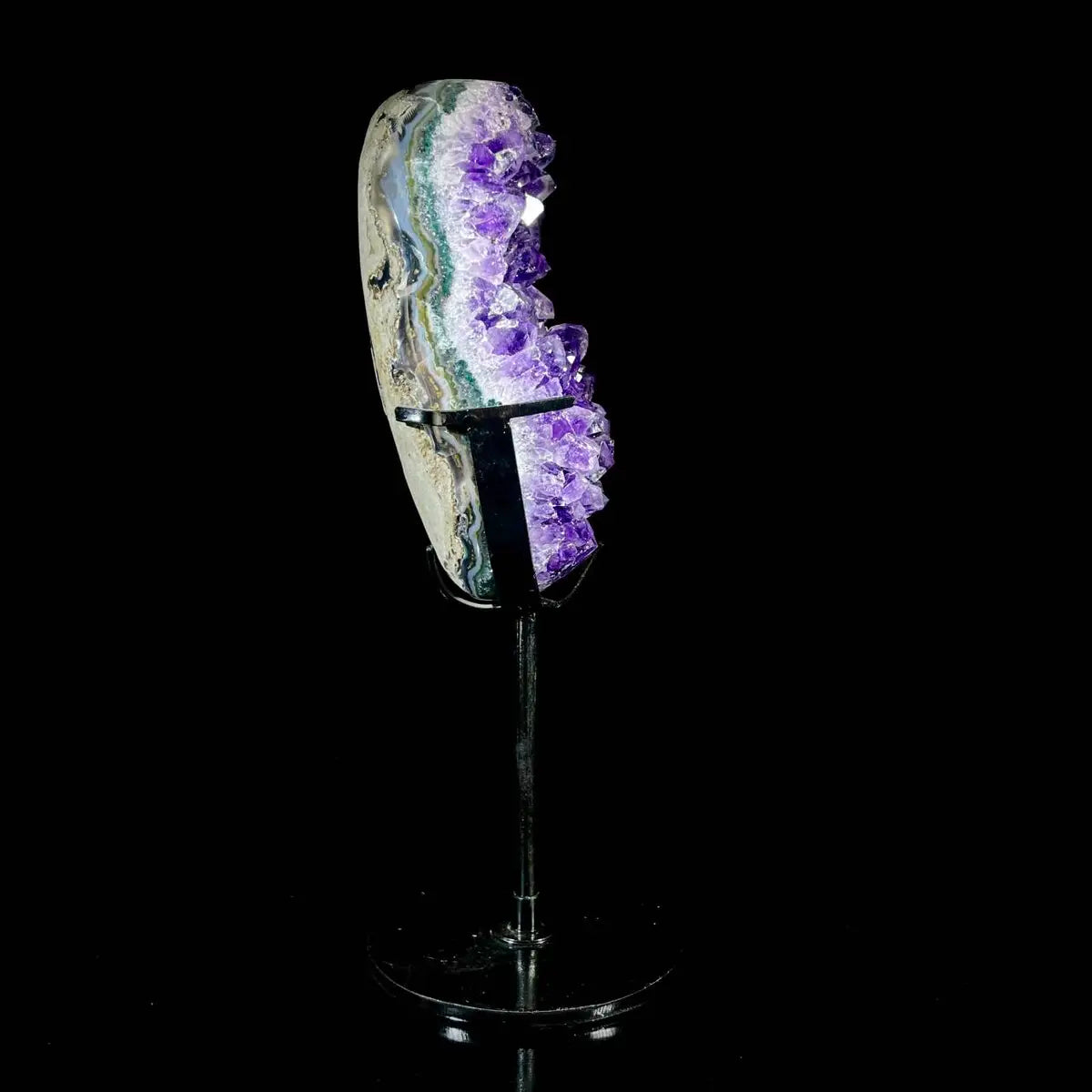Natural Amethyst Crystal Cluster on metal Stand | Museum Grade Display Mineral Specimen | Decorative Home & Office Stone Decor | 730 g | 21*6*5 cm