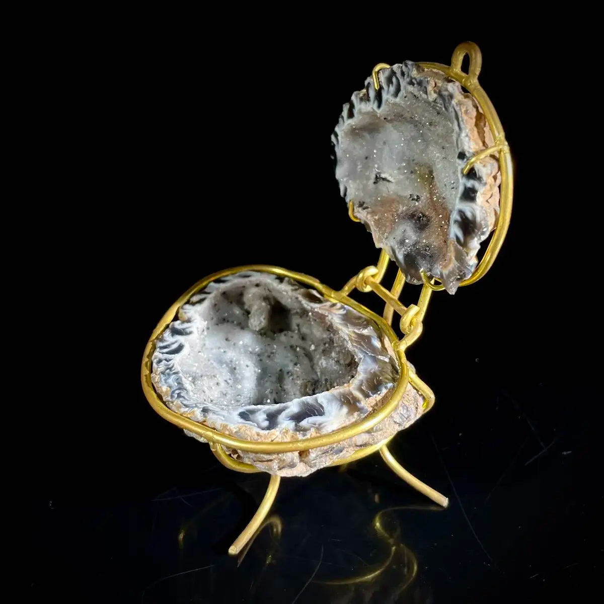 Natural Agate Geode Slice Pair on Metal Stand | Museum Grade Display Mineral Specimen | Decorative Home & Office Decor | 80 g | 8*6.5*6 cm