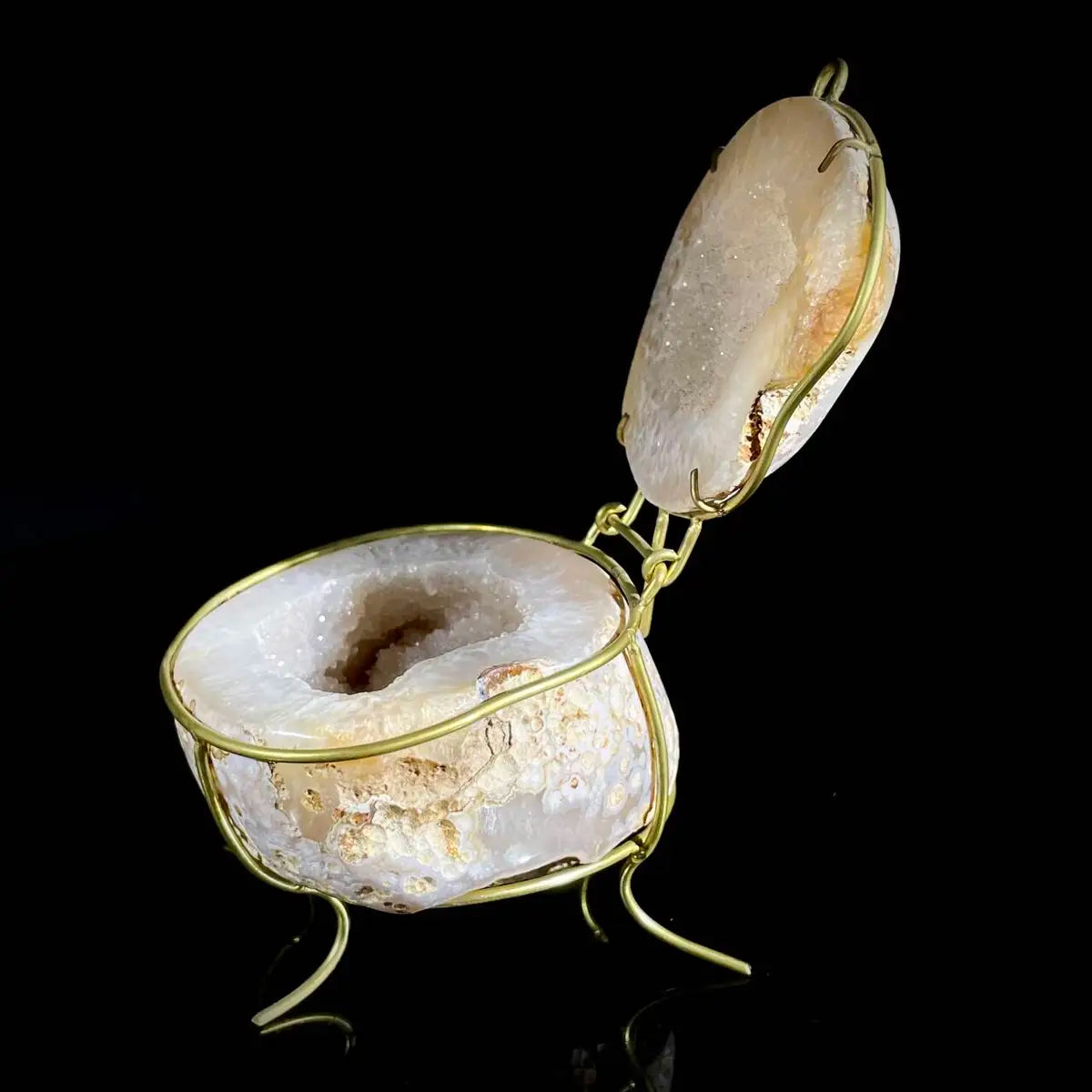 Natural Agate Geode Slice Pair on Metal Stand | Museum Grade Display Mineral Specimen | Decorative Home & Office Decor | 520 g | 14.5*9*7 cm