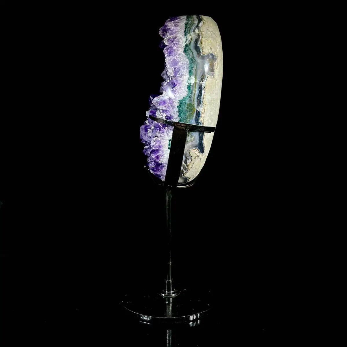 Natural Amethyst Crystal Cluster on metal Stand | Museum Grade Display Mineral Specimen | Decorative Home & Office Stone Decor | 730 g | 21*6*5 cm