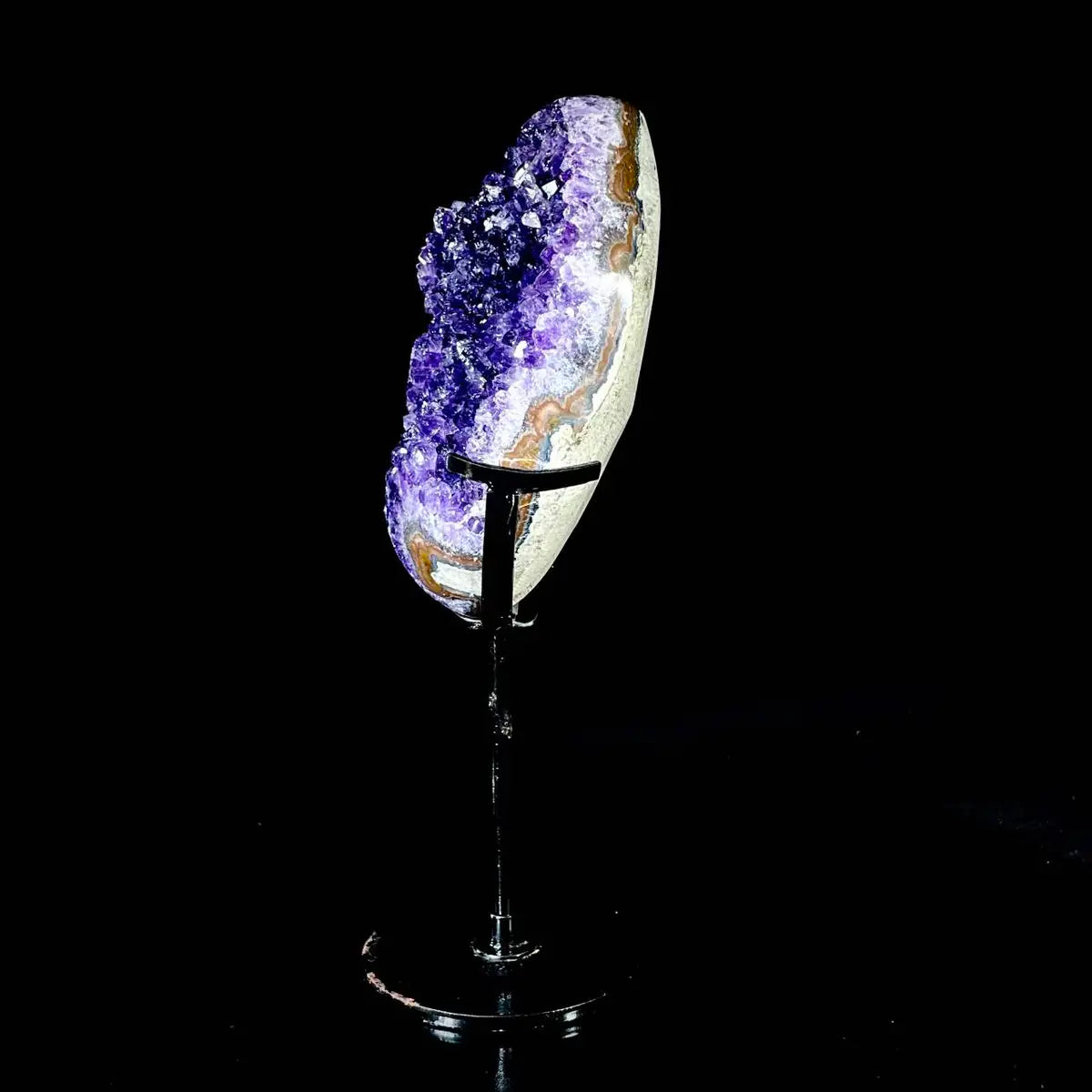 Natural Amethyst Crystal Cluster on metal Stand | Museum Grade Display Mineral Specimen | Decorative Home & Office Stone Decor | 1000 g | 14*8*5 cm