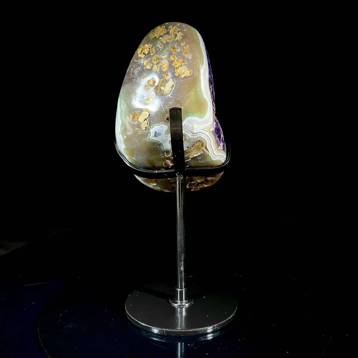 Natural Amethyst Crystal Cluster on metal Stand | Museum Grade Display Mineral Specimen | Decorative Home & Office Stone Decor | 910 g | 19*7*8 cm