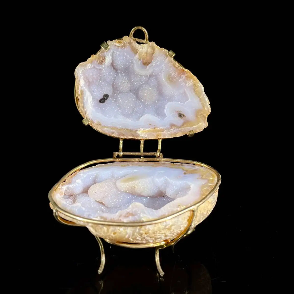 Natural Agate Geode Slice Pair on Metal Stand | Museum Grade Display Mineral Specimen | Decorative Home & Office Decor | 350 g | 12*10*7 cm