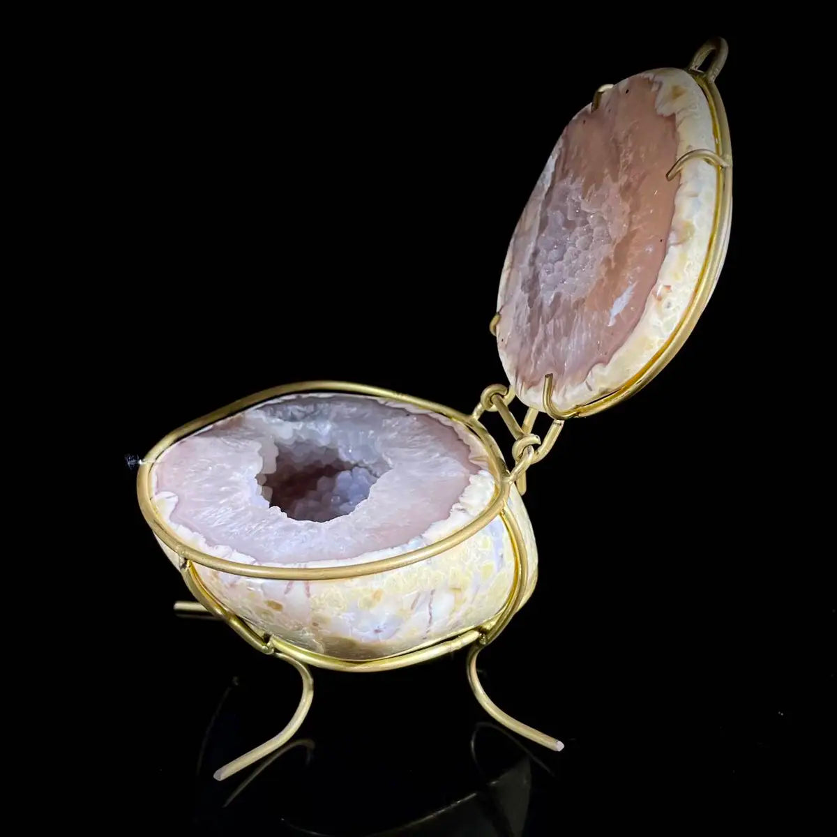 Natural Agate Geode Slice Pair on Metal Stand | Museum Grade Display Mineral Specimen | Decorative Home & Office Decor | 710 g | 14*10.5*7.5 cm