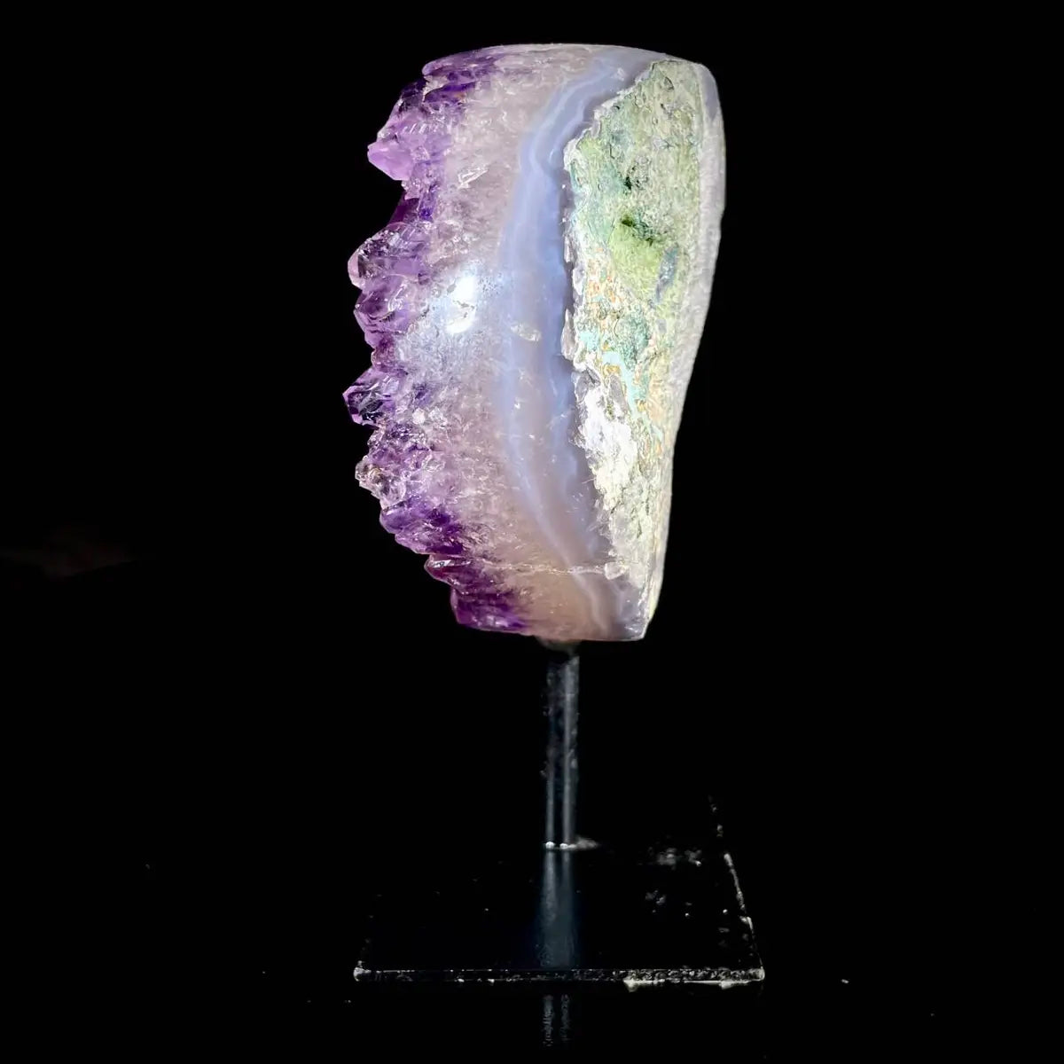 Natural Amethyst Crystal Cluster on metal Stand | Museum Grade Display Mineral Specimen | Decorative Home & Office Stone Decor | 650 g | 13.5*9*4 cm