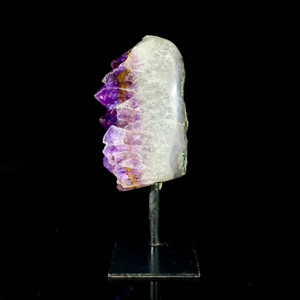 Natural Amethyst Crystal Cluster on metal Stand | Museum Grade Display Mineral Specimen | Decorative Home & Office Stone Decor | 350 g | 13*3*5 cm