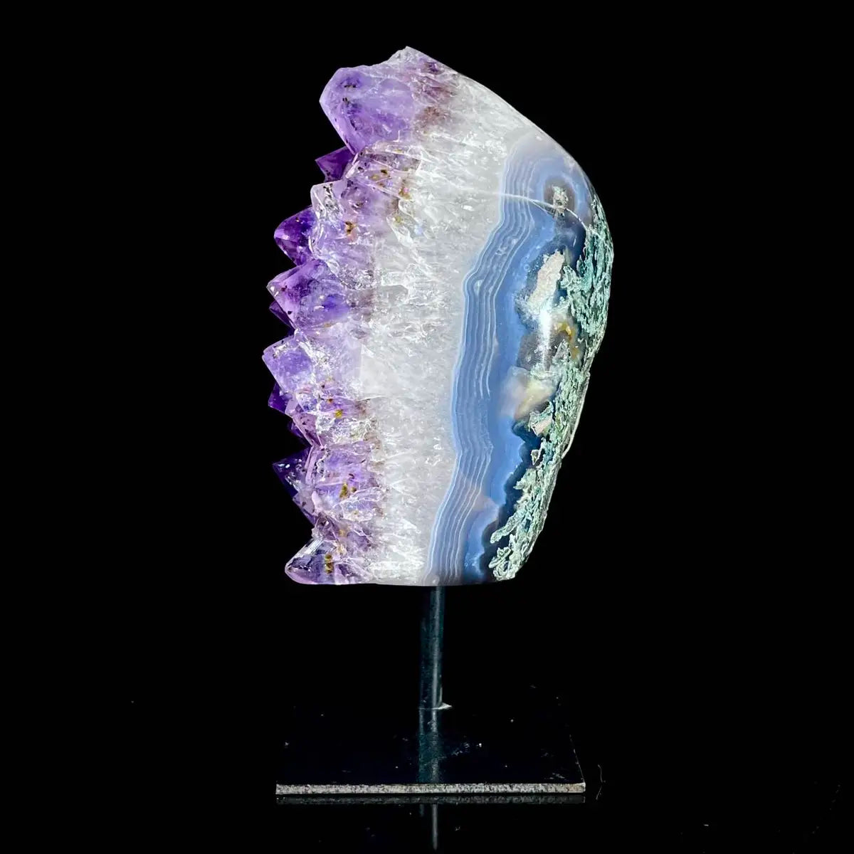 Natural Amethyst Crystal Cluster on metal Stand | Museum Grade Display Mineral Specimen | Decorative Home & Office Stone Decor | 920 g | 15.5*9*6 cm