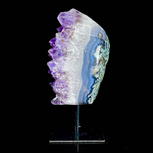 A518-Natural Amethyst Crystal Cluster on metal Stand | Museum Grade Display Mineral Specimen | Decorative Home & Office Stone Decor | 920 g | 15.5*9*6 cm