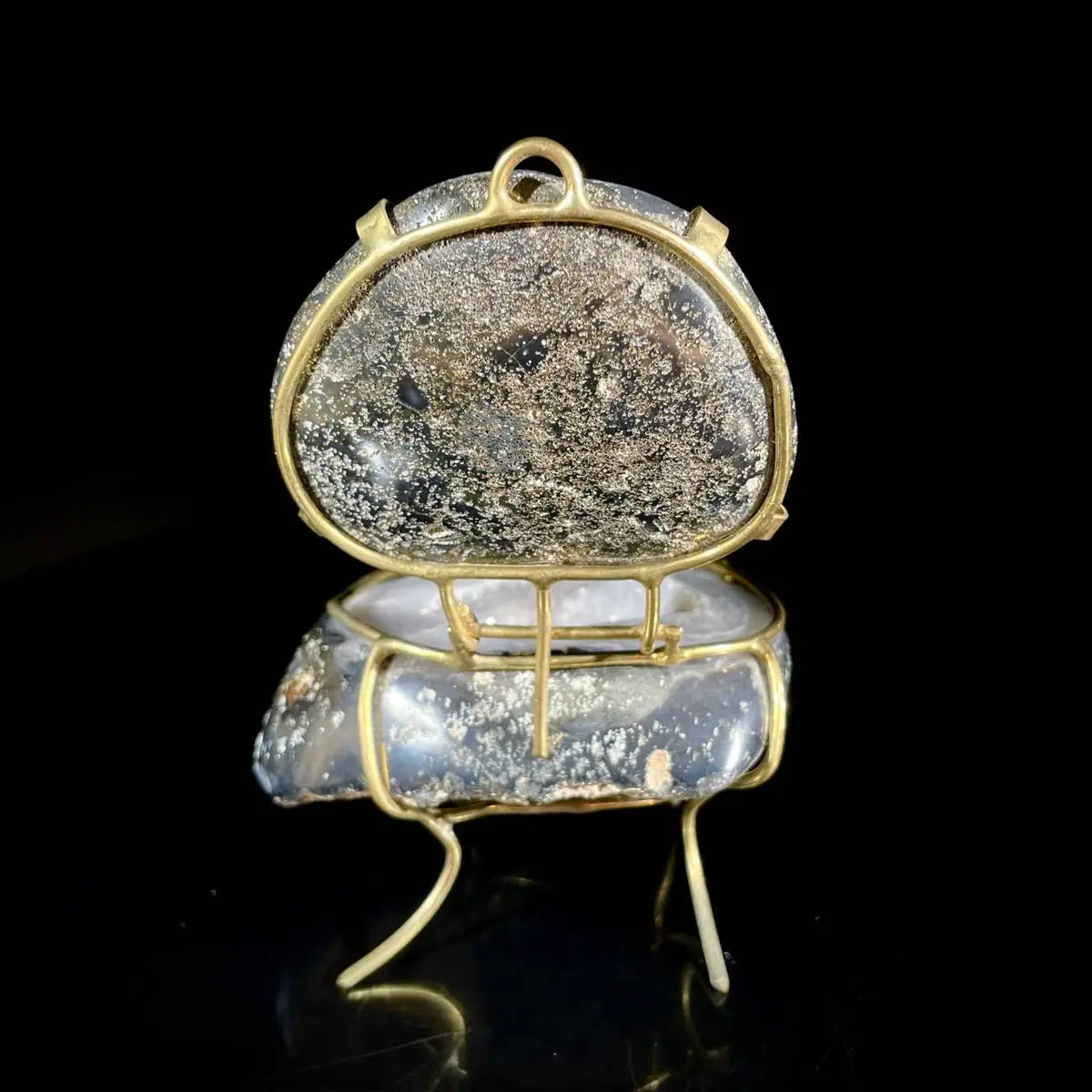 Natural Agate Geode Slice Pair on Metal Stand | Museum Grade Display Mineral Specimen | Decorative Home & Office Decor | 330 g | 12*8*7.5 cm