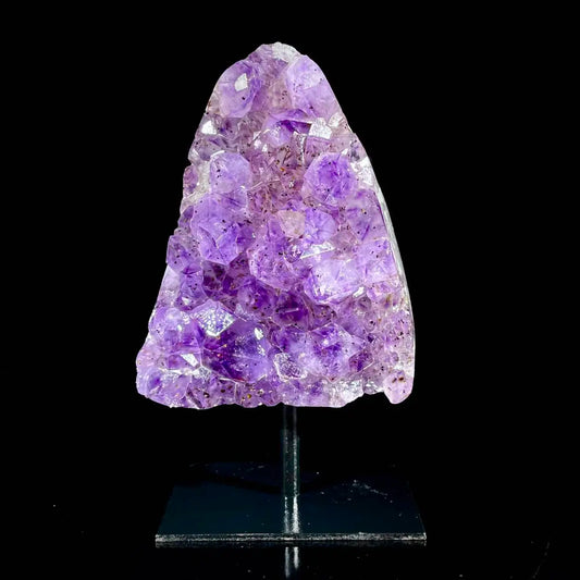A518-Natural Amethyst Crystal Cluster on metal Stand | Museum Grade Display Mineral Specimen | Decorative Home & Office Stone Decor | 920 g | 15.5*9*6 cm