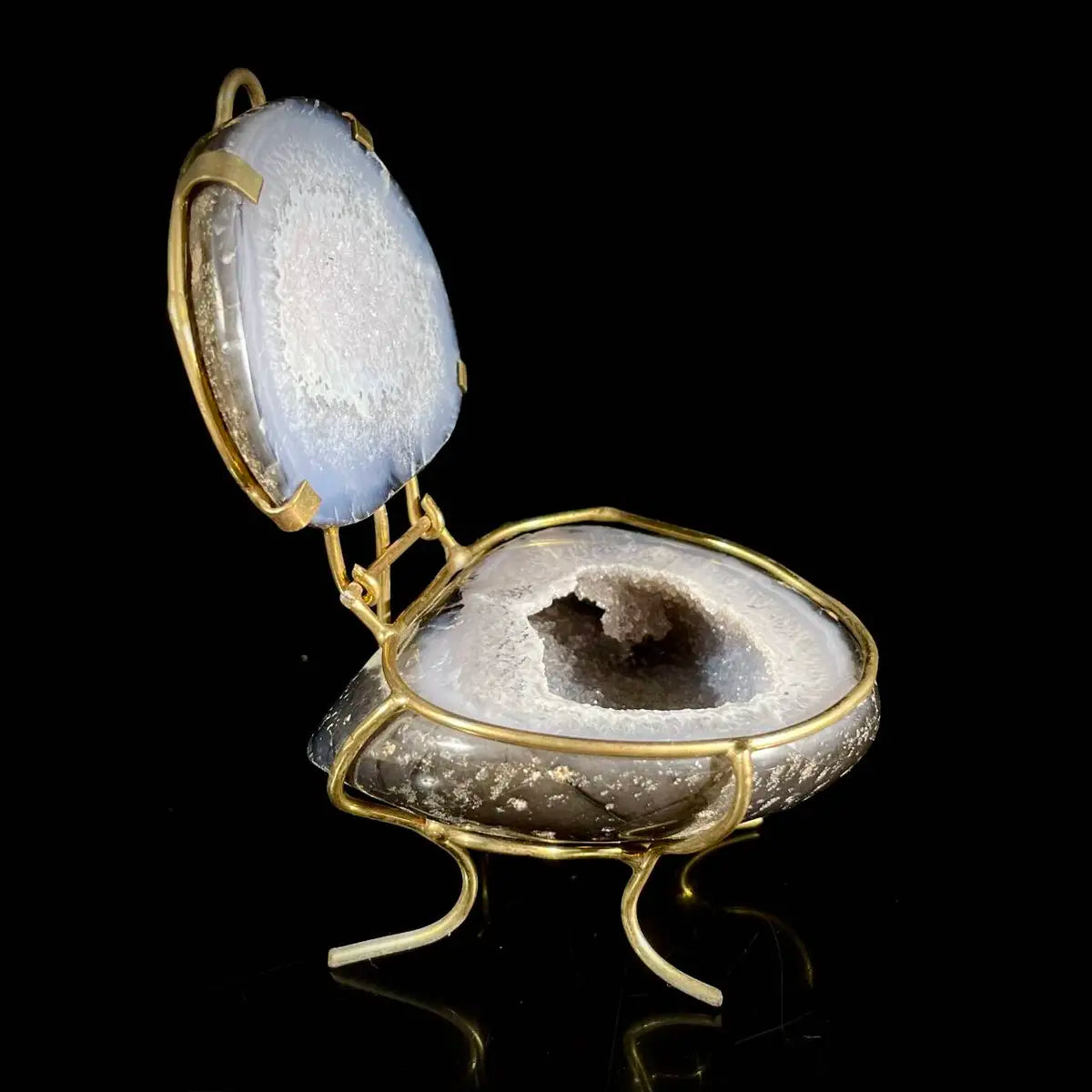 Natural Agate Geode Slice Pair on Metal Stand | Museum Grade Display Mineral Specimen | Decorative Home & Office Decor | 330 g | 12*8*7.5 cm