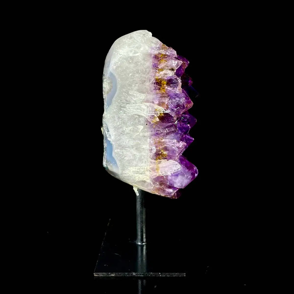 Natural Amethyst Crystal Cluster on metal Stand | Museum Grade Display Mineral Specimen | Decorative Home & Office Stone Decor | 350 g | 13*3*5 cm
