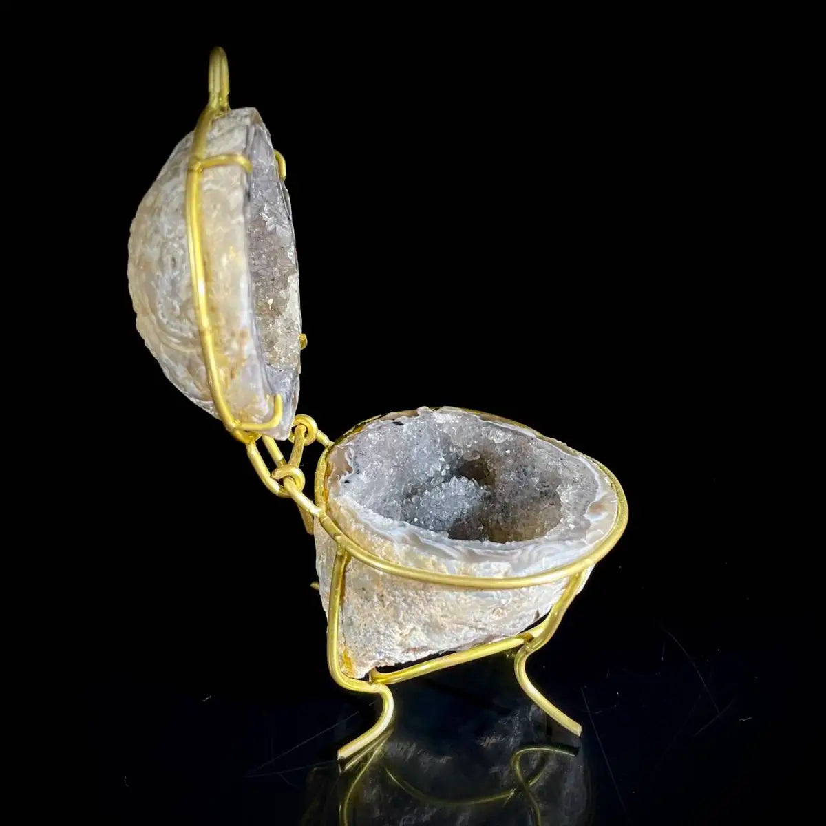 Natural Agate Geode Slice Pair on Metal Stand | Museum Grade Display Mineral Specimen | Decorative Home & Office Decor | 140 g | 11*6*5 cm