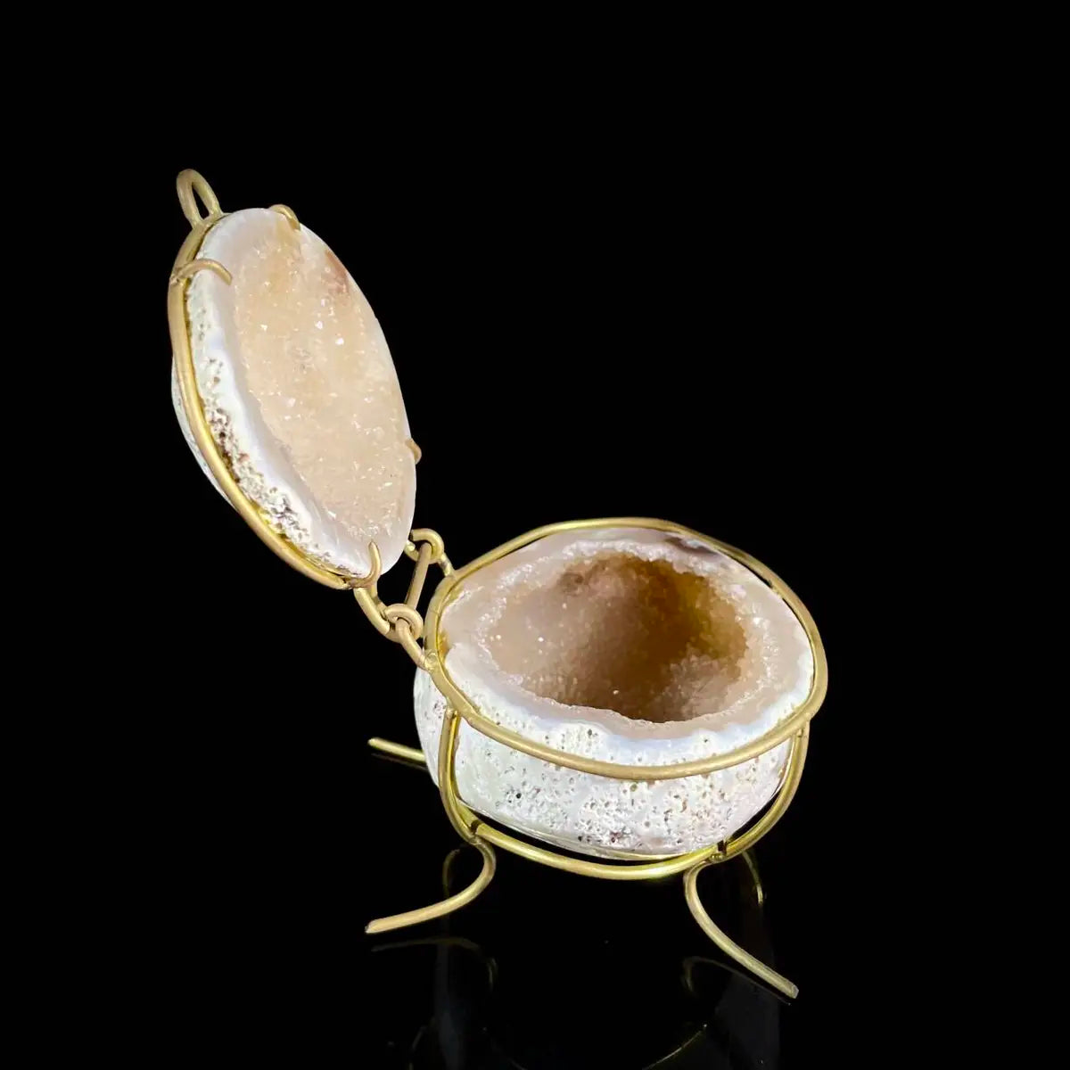 Natural Agate Geode Slice Pair on Metal Stand | Museum Grade Display Mineral Specimen | Decorative Home & Office Decor | 170 g | 10*9*6 cm
