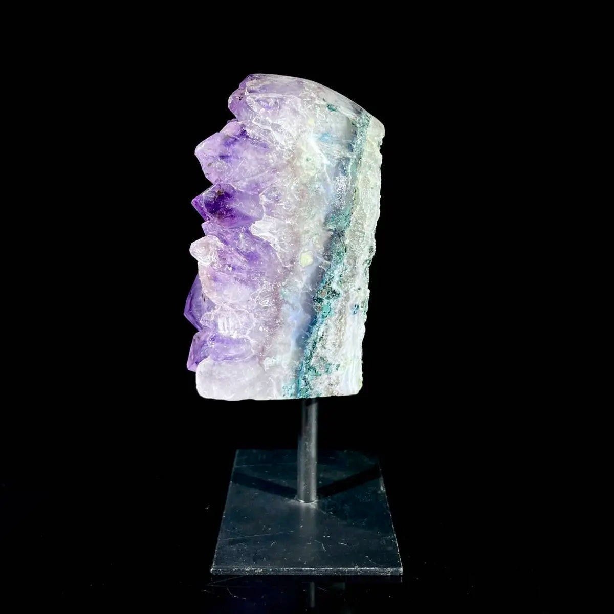 Natural Amethyst Crystal Cluster on metal Stand | Museum Grade Display Mineral Specimen | Decorative Home & Office Stone Decor | 450 g | 13*5*5 cm