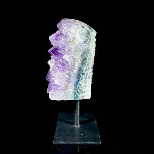 A515-Natural Amethyst Crystal Cluster on metal Stand | Museum Grade Display Mineral Specimen | Decorative Home & Office Stone Decor | 450 g | 13*5*5 cm