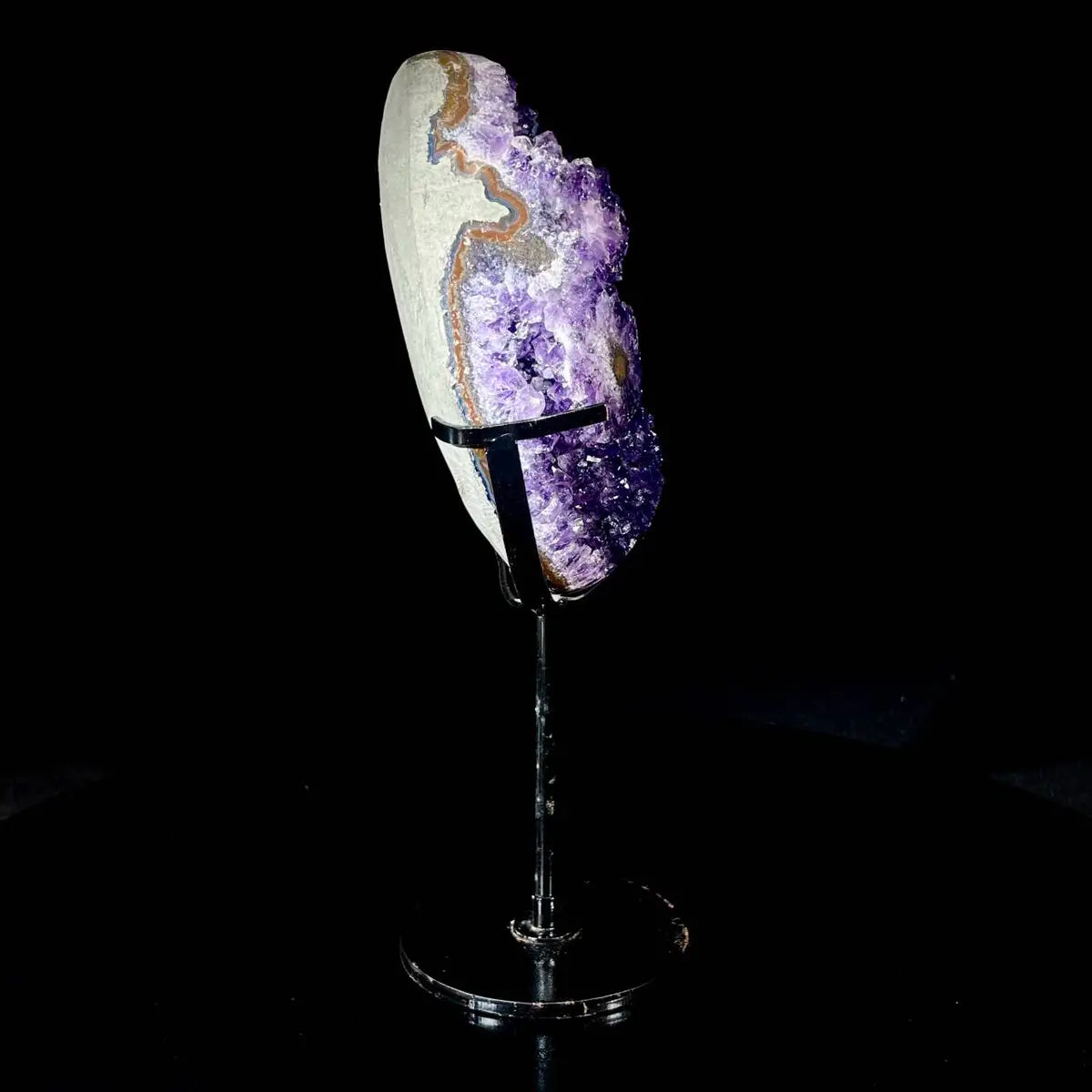 Natural Amethyst Crystal Cluster on metal Stand | Museum Grade Display Mineral Specimen | Decorative Home & Office Stone Decor | 1000 g | 14*8*5 cm