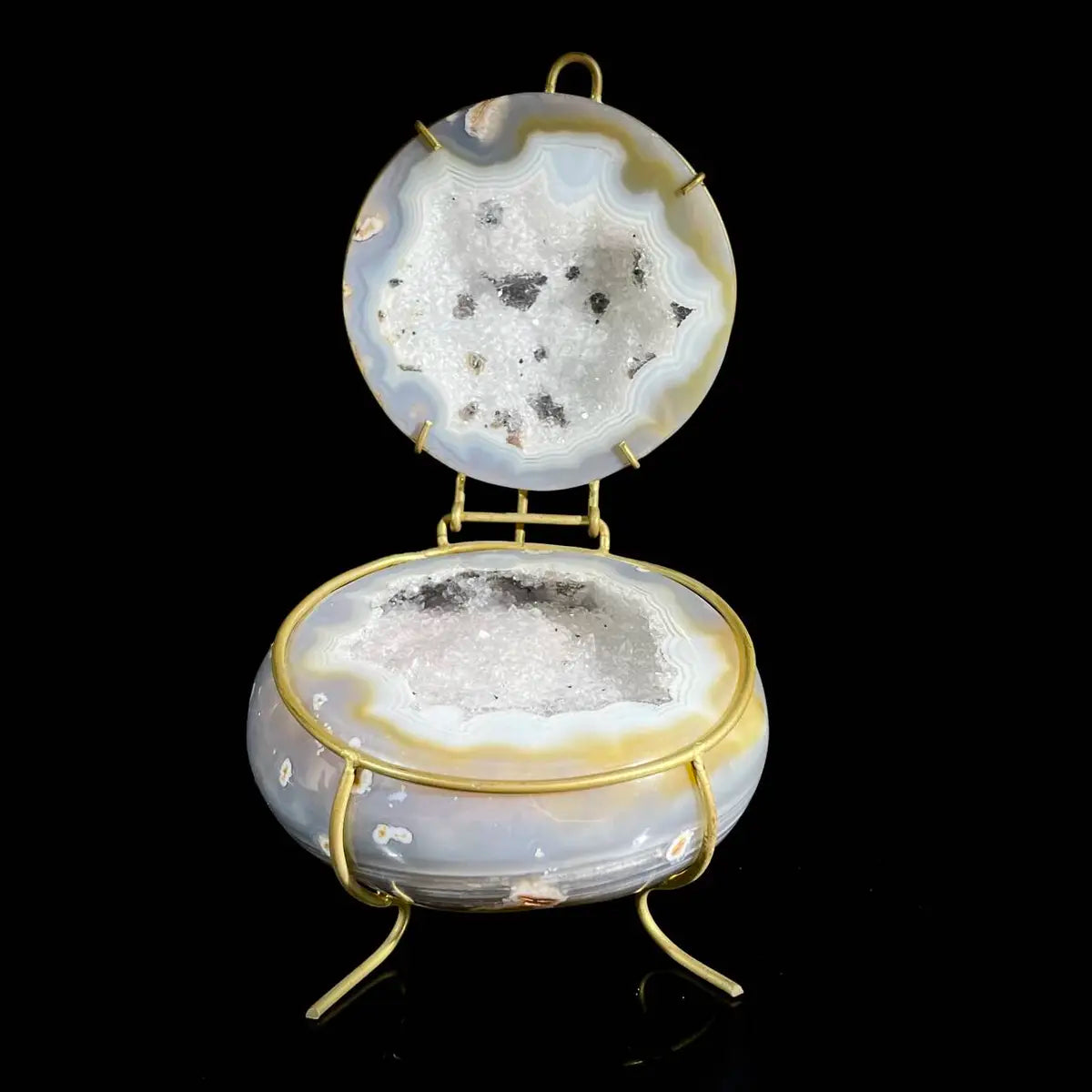 Natural Agate Geode Slice Pair on Metal Stand | Museum Grade Display Mineral Specimen | Decorative Home & Office Decor | 800 g | 16*9.5*9 cm