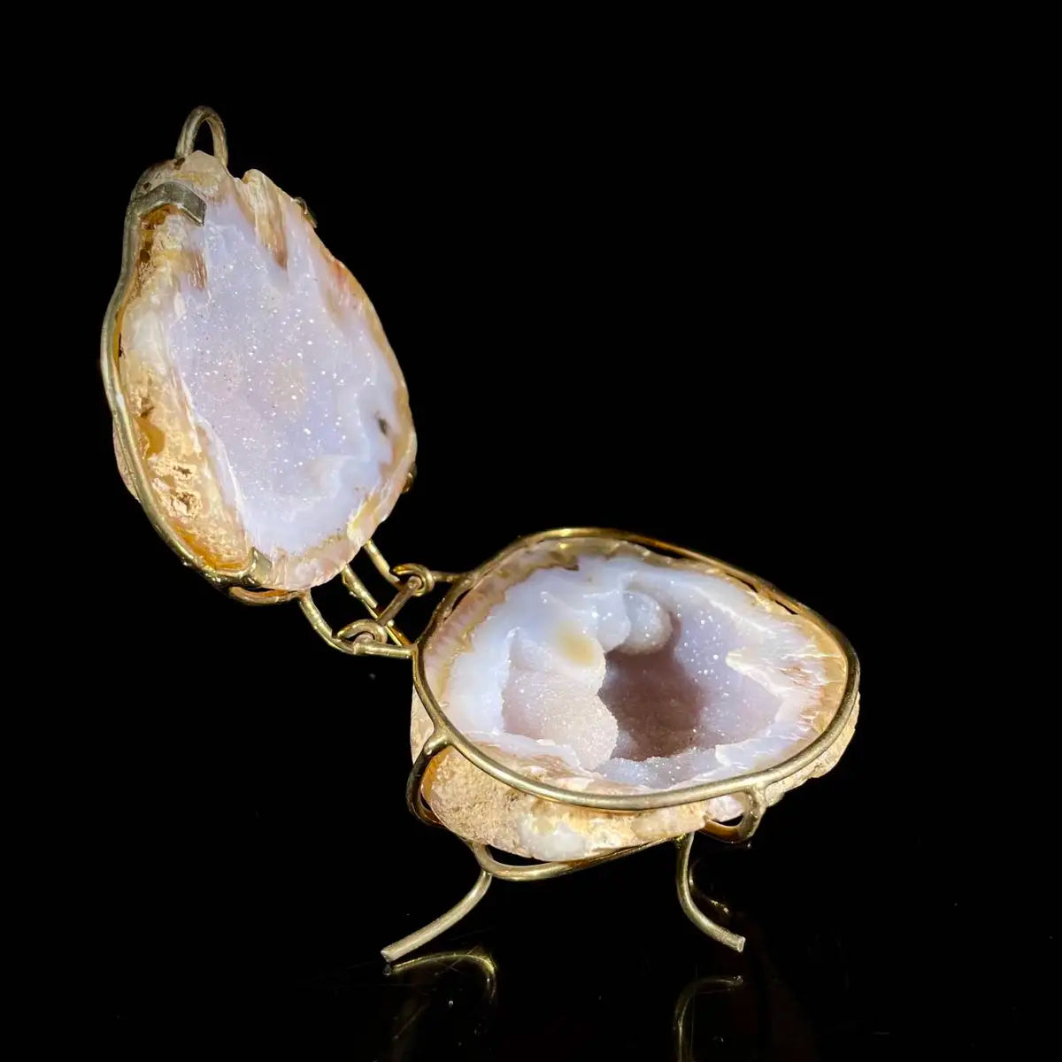 Natural Agate Geode Slice Pair on Metal Stand | Museum Grade Display Mineral Specimen | Decorative Home & Office Decor | 350 g | 12*10*7 cm