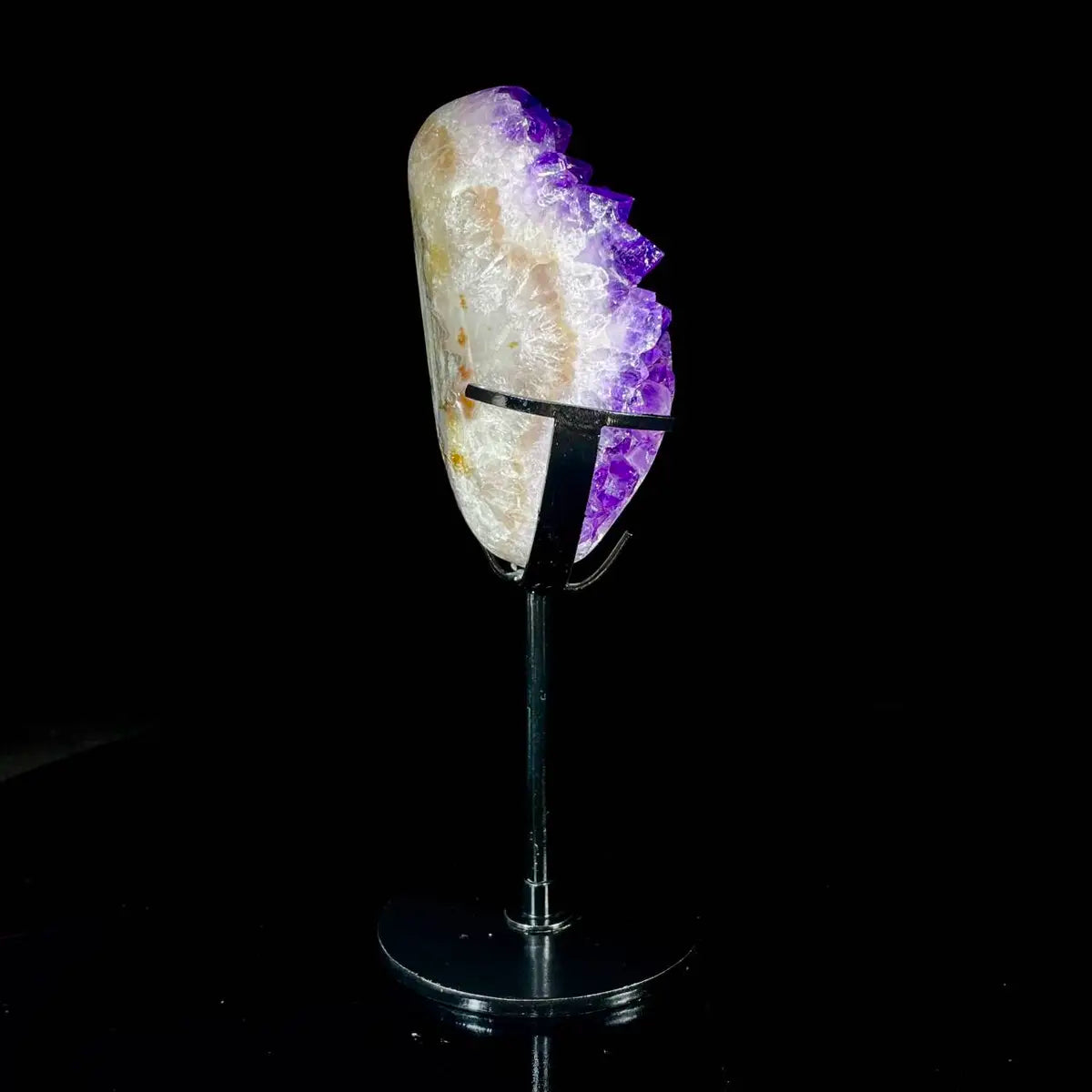 Natural Amethyst Crystal Cluster on metal Stand | Museum Grade Display Mineral Specimen | Decorative Home & Office Stone Decor | 860 g | 20*8*4 cm