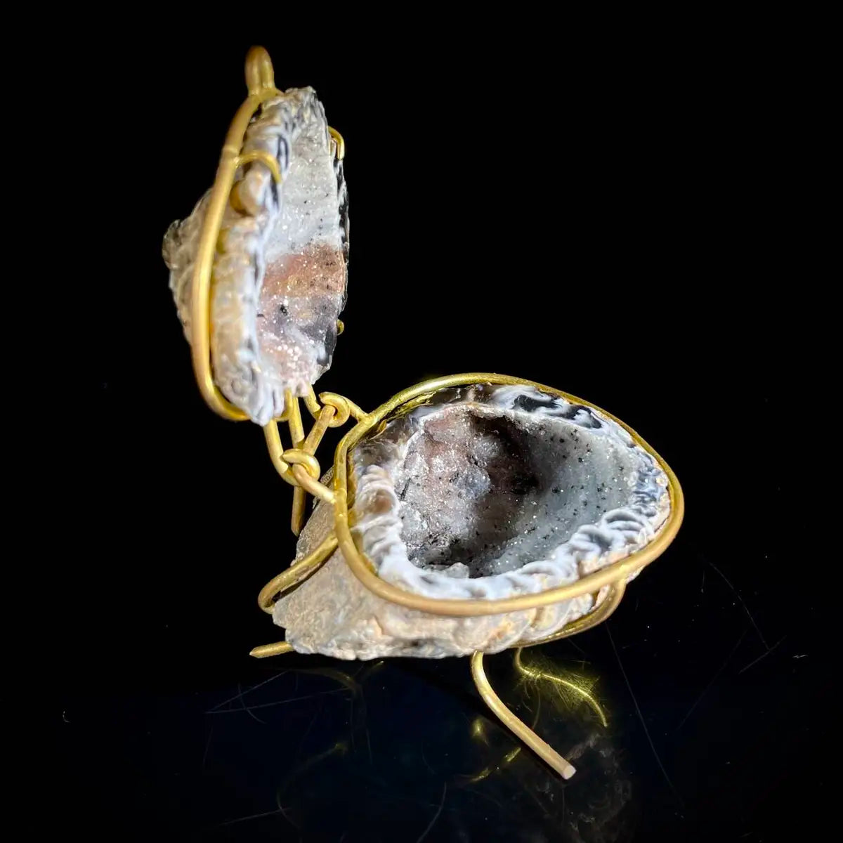Natural Agate Geode Slice Pair on Metal Stand | Museum Grade Display Mineral Specimen | Decorative Home & Office Decor | 80 g | 8*6.5*6 cm