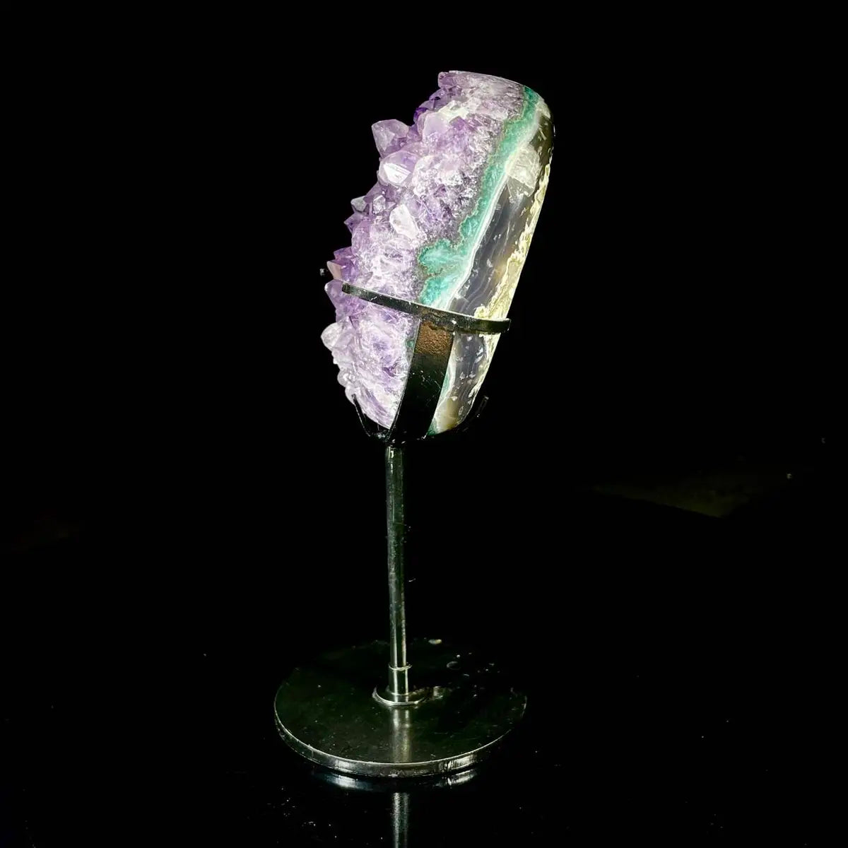 Natural Amethyst Crystal Cluster on metal Stand | Museum Grade Display Mineral Specimen | Decorative Home & Office Stone Decor | 730 g | 19*6.5*4 cm
