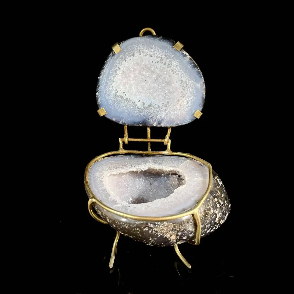 Natural Agate Geode Slice Pair on Metal Stand | Museum Grade Display Mineral Specimen | Decorative Home & Office Decor | 330 g | 12*8*7.5 cm
