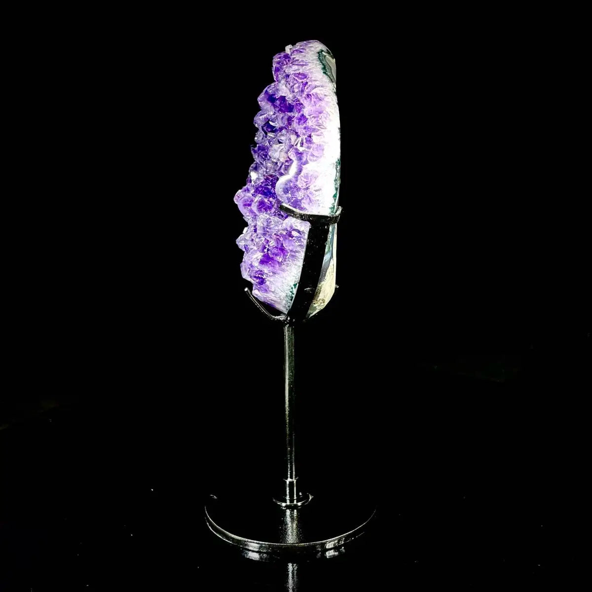 Natural Amethyst Crystal Cluster on metal Stand | Museum Grade Display Mineral Specimen | Decorative Home & Office Stone Decor | 770 g | 21*9*3.5 cm