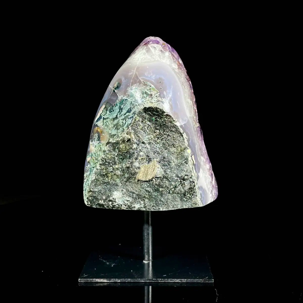 Natural Amethyst Crystal Cluster on metal Stand | Museum Grade Display Mineral Specimen | Decorative Home & Office Stone Decor | 920 g | 15.5*9*6 cm