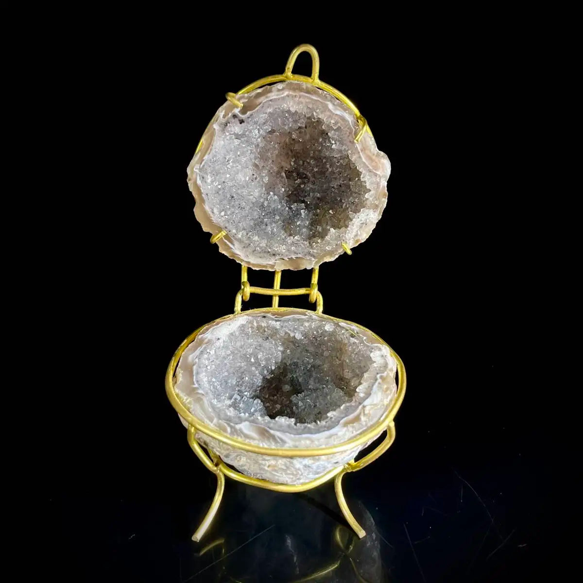 Natural Agate Geode Slice Pair on Metal Stand | Museum Grade Display Mineral Specimen | Decorative Home & Office Decor | 140 g | 11*6*5 cm