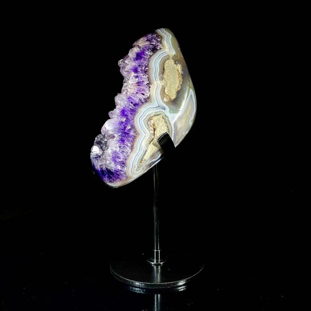 Natural Amethyst Crystal Cluster on metal Stand | Museum Grade Display Mineral Specimen | Decorative Home & Office Stone Decor | 910 g | 19*7*8 cm