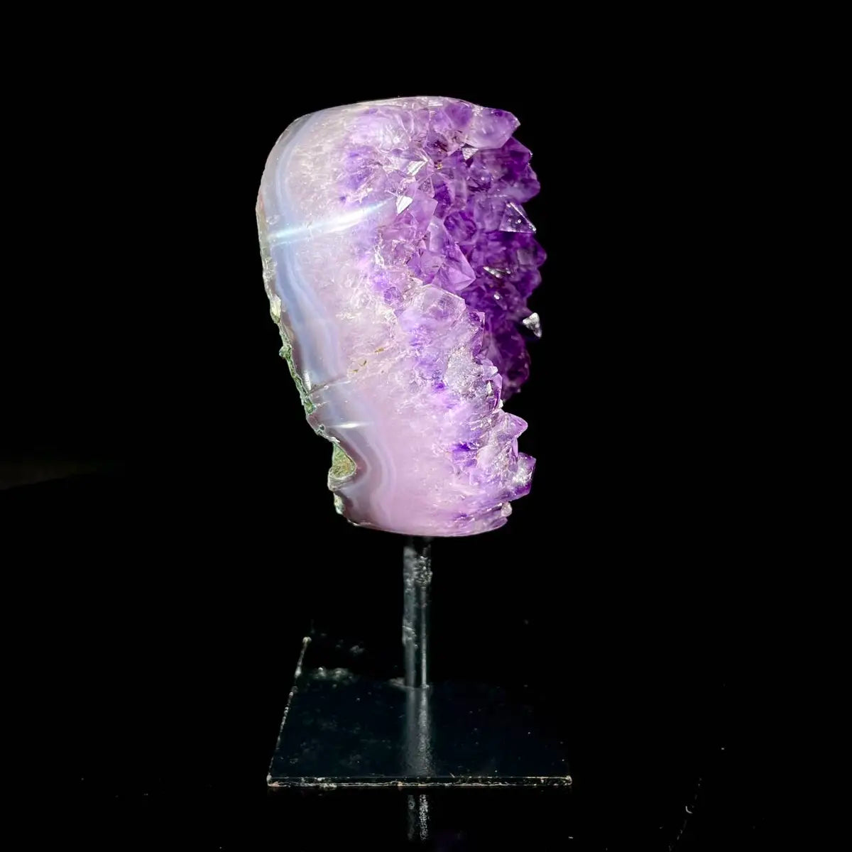 Natural Amethyst Crystal Cluster on metal Stand | Museum Grade Display Mineral Specimen | Decorative Home & Office Stone Decor | 650 g | 13.5*9*4 cm