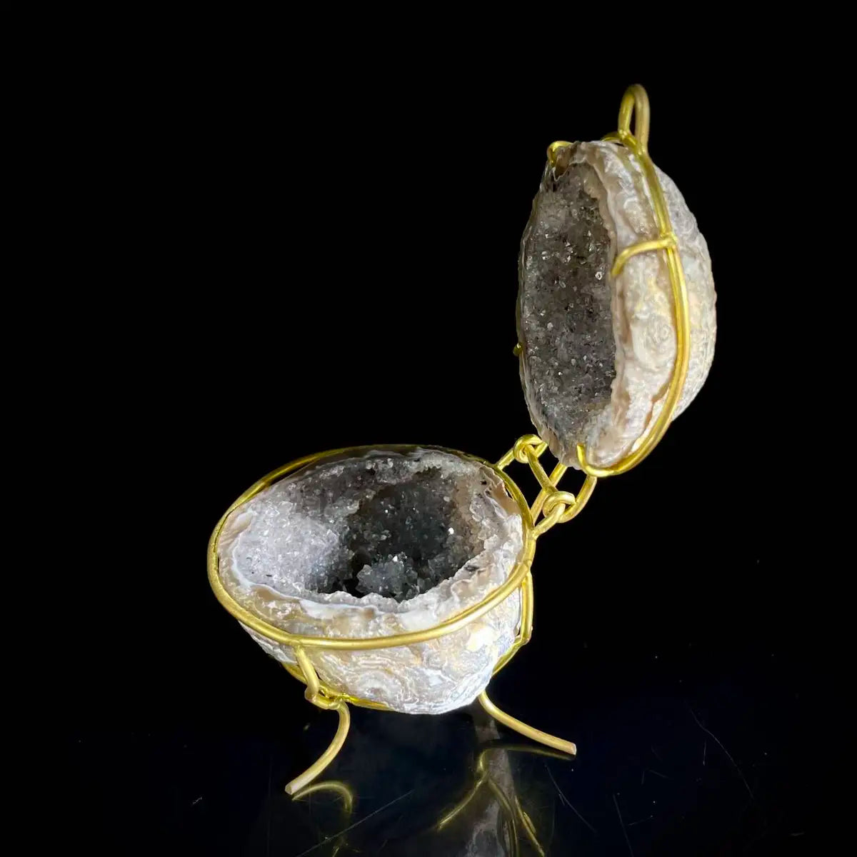 Natural Agate Geode Slice Pair on Metal Stand | Museum Grade Display Mineral Specimen | Decorative Home & Office Decor | 140 g | 11*6*5 cm
