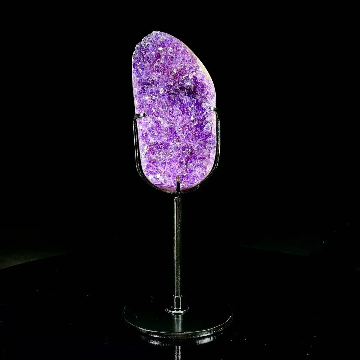 Natural Amethyst Crystal Cluster on metal Stand | Museum Grade Display Mineral Specimen | Decorative Home & Office Stone Decor | 550 g | 21*6*4 cm