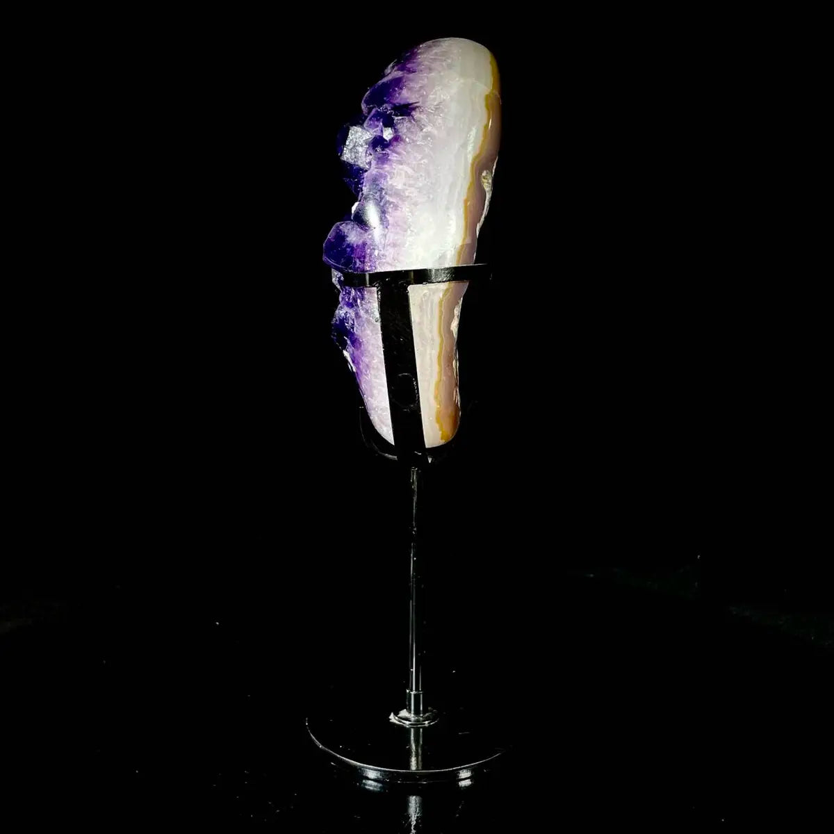 Natural Amethyst Crystal Cluster on metal Stand | Museum Grade Display Mineral Specimen | Decorative Home & Office Stone Decor | 1040 g | 14*8*5 cm