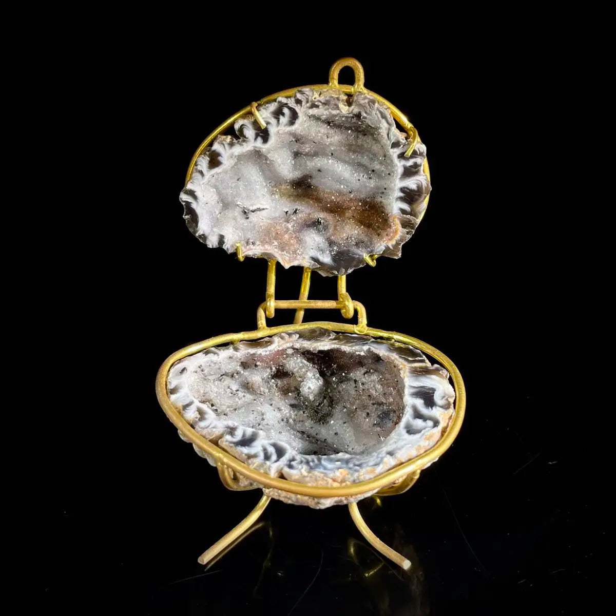 Natural Agate Geode Slice Pair on Metal Stand | Museum Grade Display Mineral Specimen | Decorative Home & Office Decor | 80 g | 8*6.5*6 cm