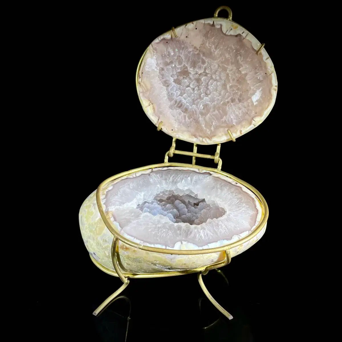 Natural Agate Geode Slice Pair on Metal Stand | Museum Grade Display Mineral Specimen | Decorative Home & Office Decor | 710 g | 14*10.5*7.5 cm