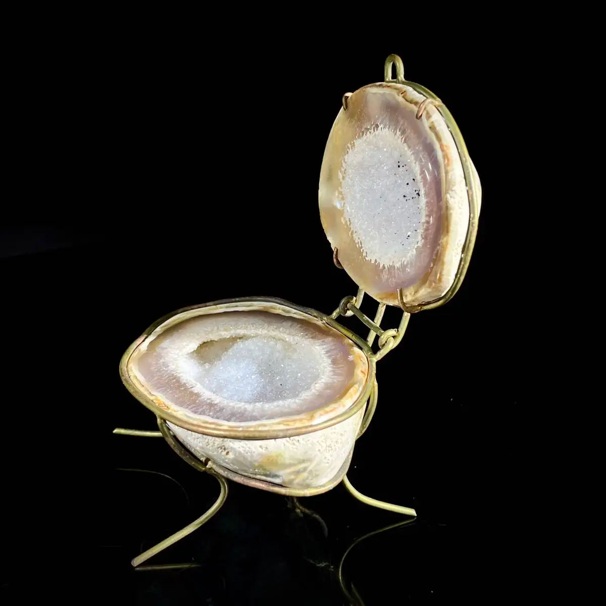 Natural Agate Geode Slice Pair on Metal Stand | Museum Grade Display Mineral Specimen | Decorative Home & Office Decor | 270 g | 11*9*6.5 cm