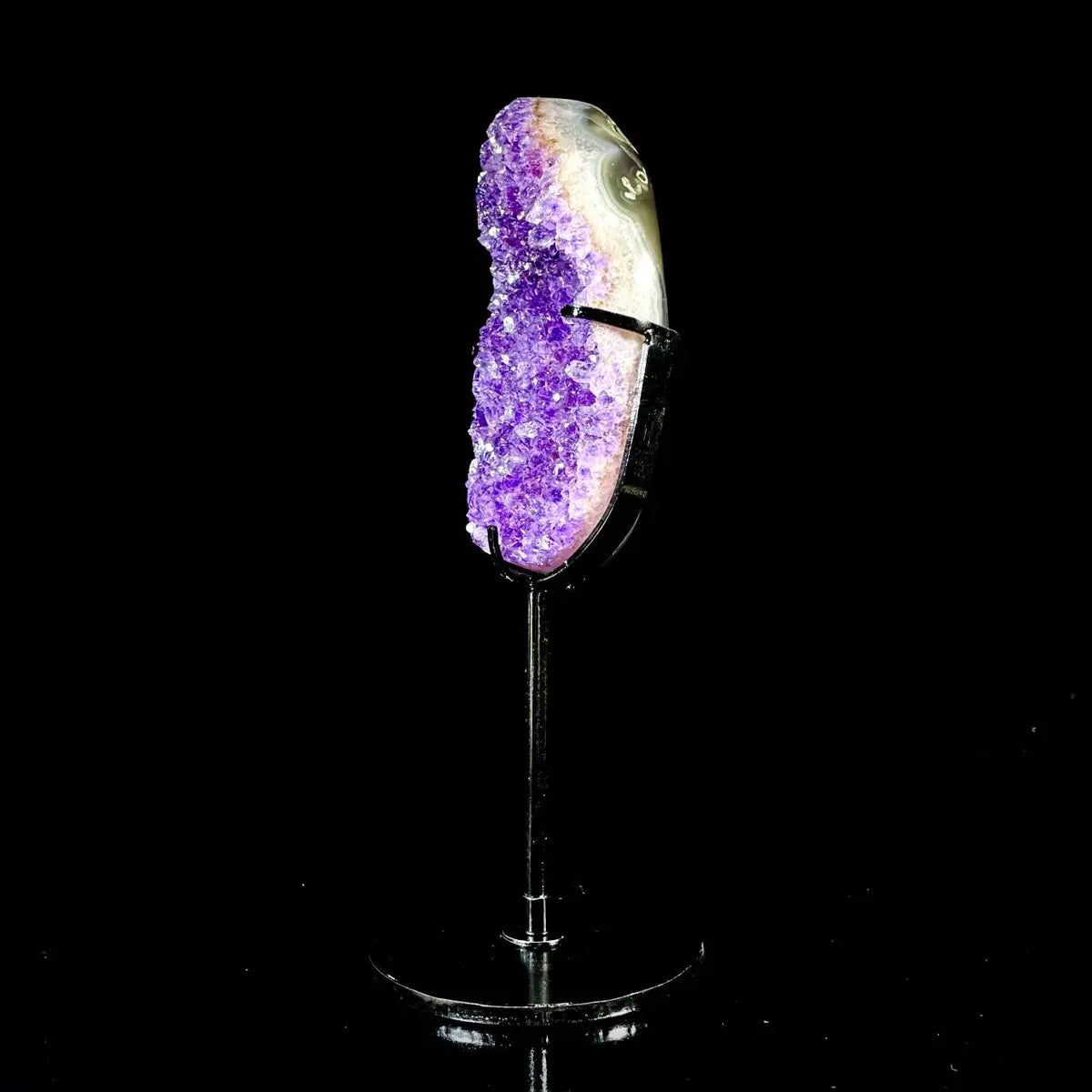 Natural Amethyst Crystal Cluster on metal Stand | Museum Grade Display Mineral Specimen | Decorative Home & Office Stone Decor | 550 g | 21*6*4 cm
