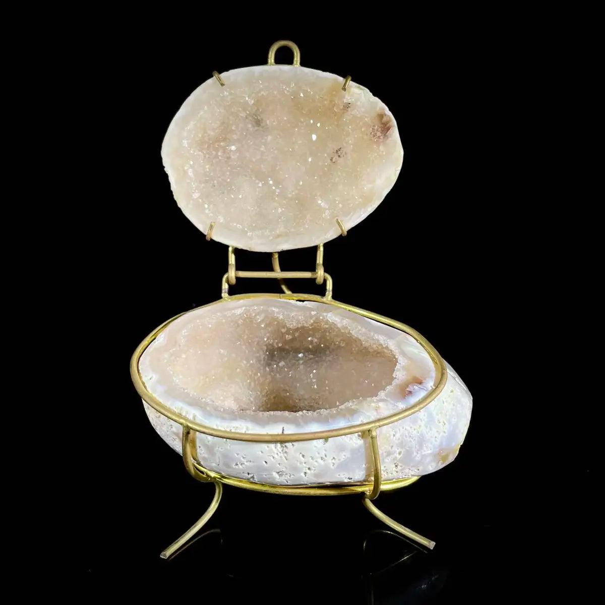 Natural Agate Geode Slice Pair on Metal Stand | Museum Grade Display Mineral Specimen | Decorative Home & Office Decor | 170 g | 10*9*6 cm
