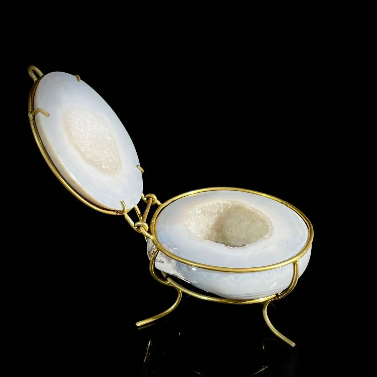 Natural Agate Geode Slice Pair on Metal Stand | Museum Grade Display Mineral Specimen | Decorative Home & Office Decor | 550 g | 12.5*9*9 cm
