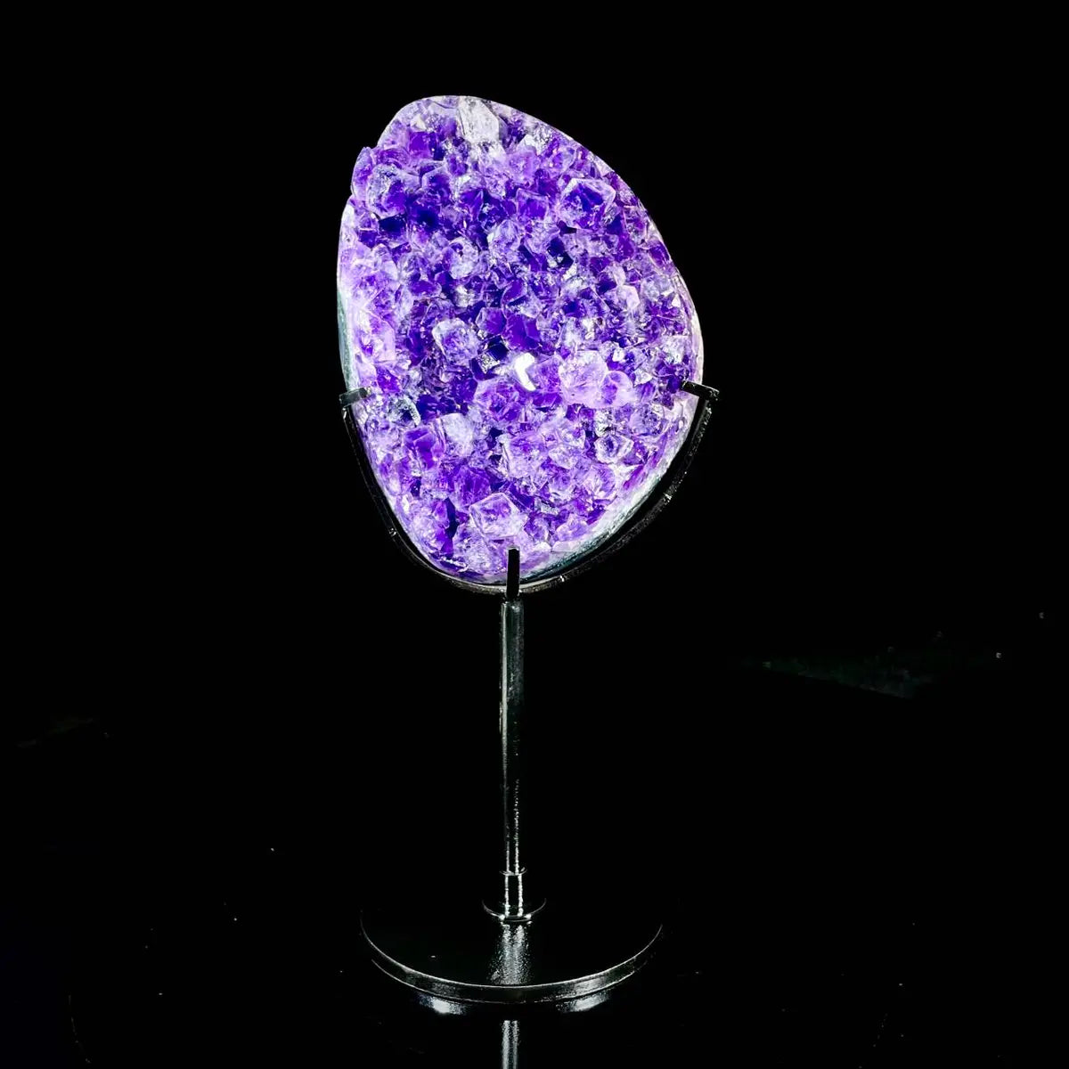 Natural Amethyst Crystal Cluster on metal Stand | Museum Grade Display Mineral Specimen | Decorative Home & Office Stone Decor | 770 g | 21*9*3.5 cm