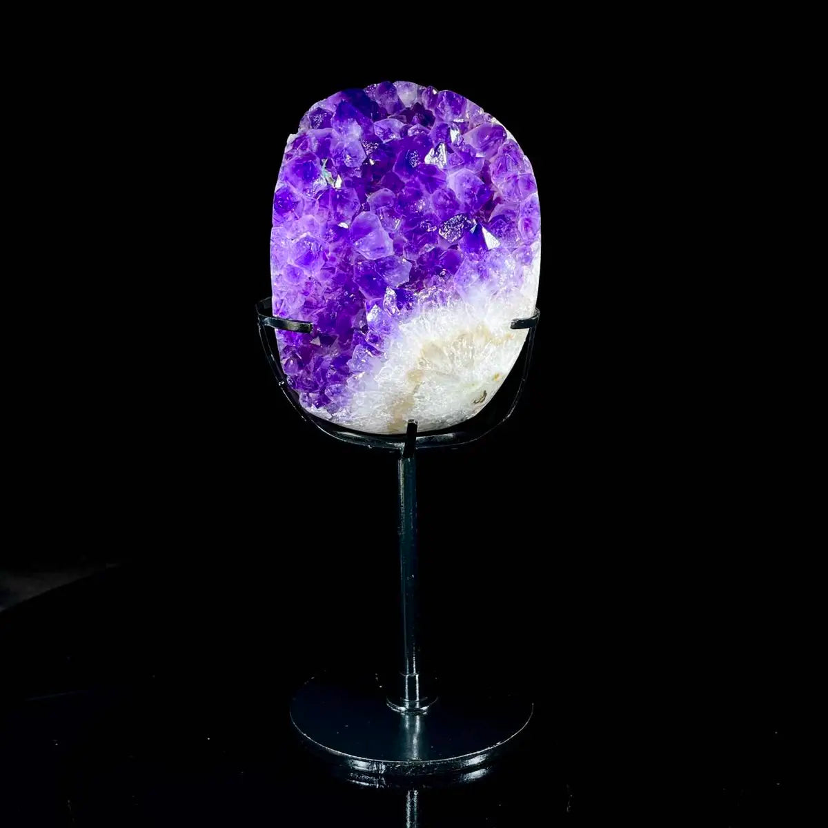 Natural Amethyst Crystal Cluster on metal Stand | Museum Grade Display Mineral Specimen | Decorative Home & Office Stone Decor | 860 g | 20*8*4 cm