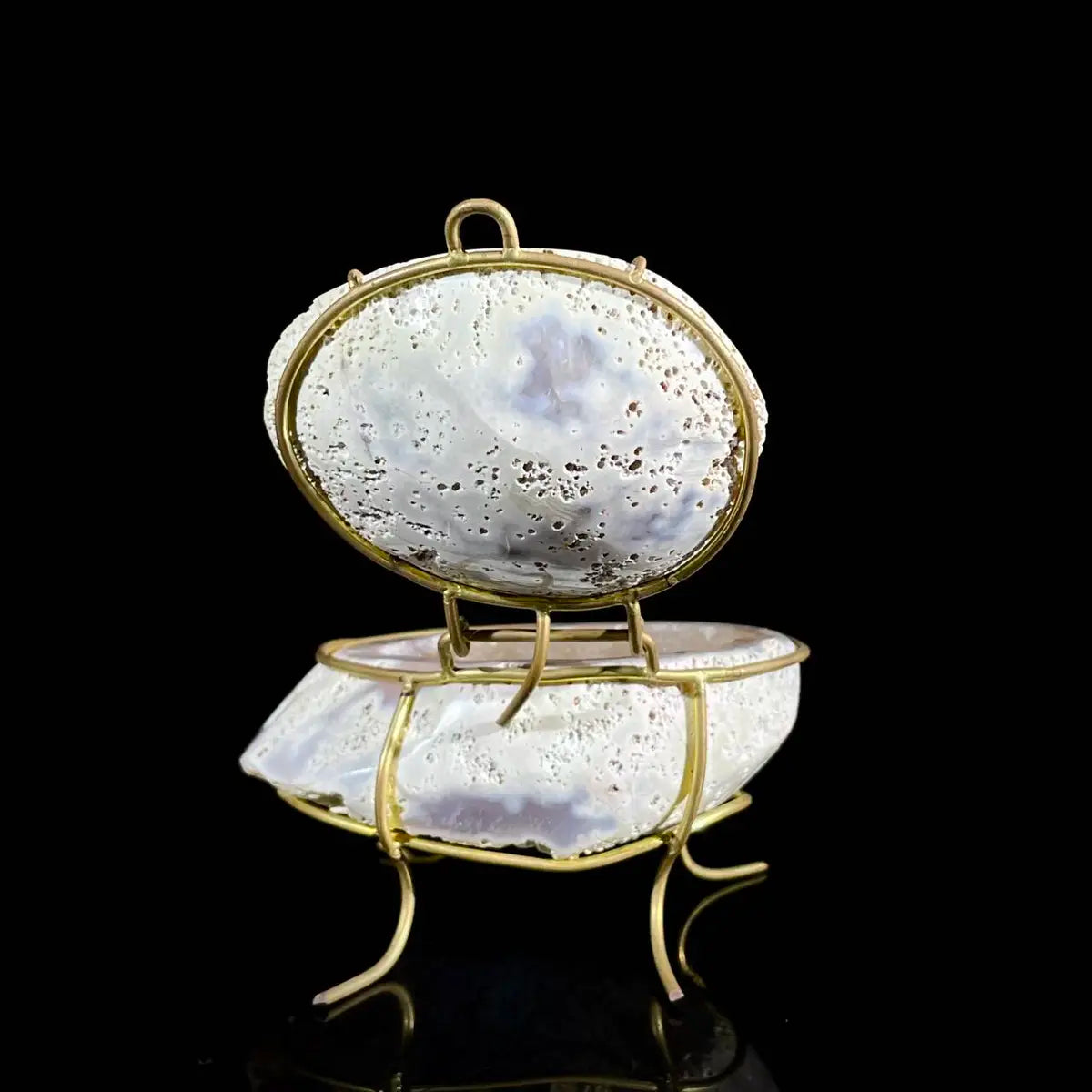 Natural Agate Geode Slice Pair on Metal Stand | Museum Grade Display Mineral Specimen | Decorative Home & Office Decor | 170 g | 10*9*6 cm