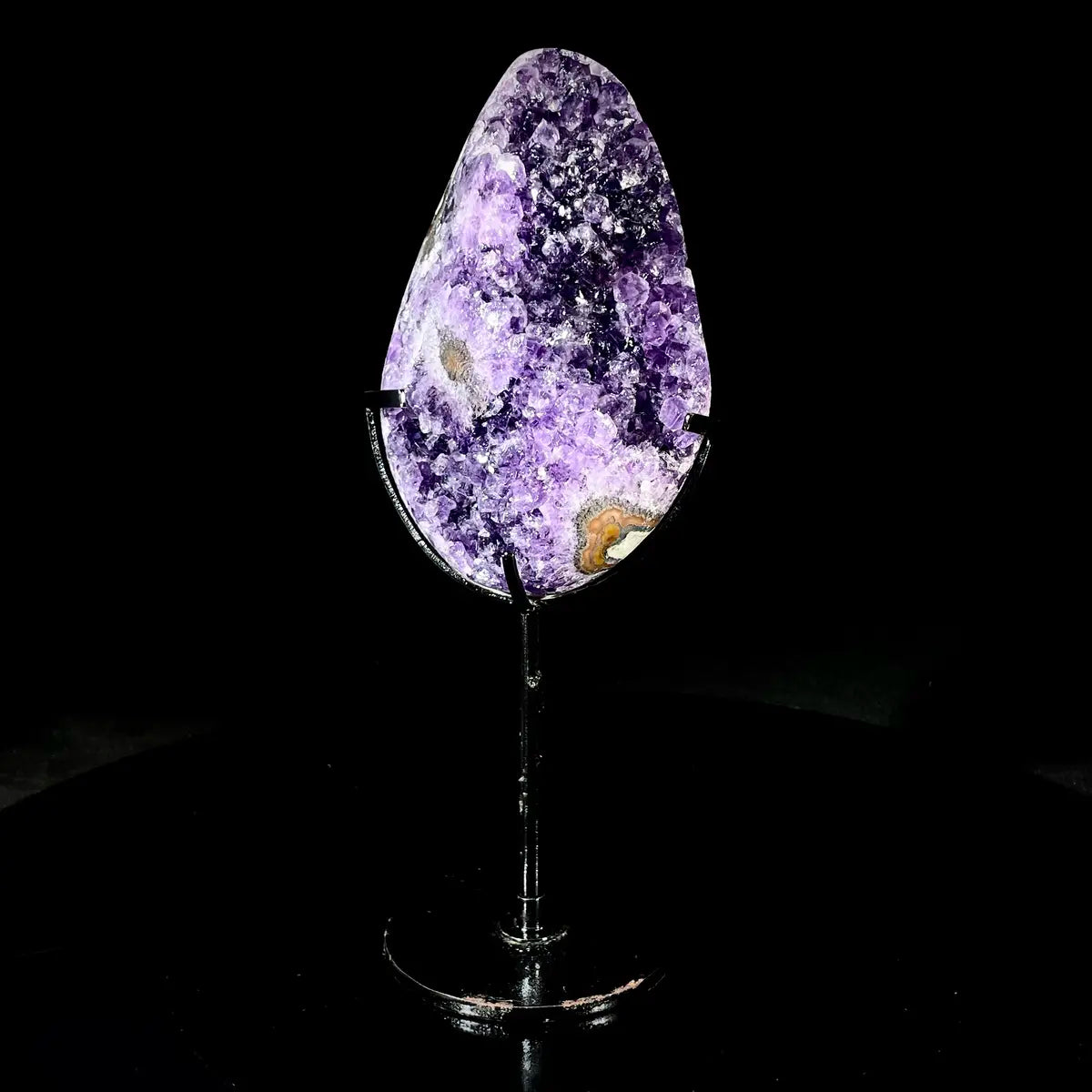 Natural Amethyst Crystal Cluster on metal Stand | Museum Grade Display Mineral Specimen | Decorative Home & Office Stone Decor | 1000 g | 14*8*5 cm