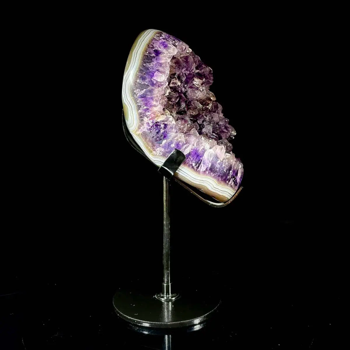 Natural Amethyst Crystal Cluster on metal Stand | Museum Grade Display Mineral Specimen | Decorative Home & Office Stone Decor | 910 g | 19*7*8 cm